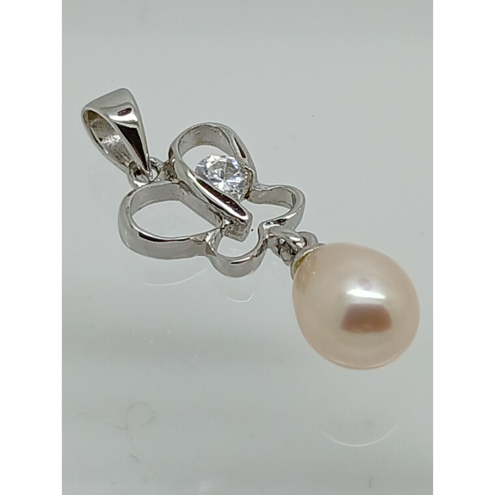 Vintager Sterling Silver Butterfly Pendant Peach Teardrop Pearl CZ Accent Charm